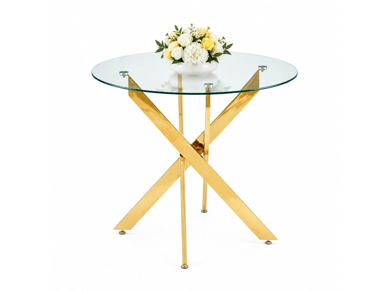  Table de salle à manger contemporaine en verre avec piètement métallique pour cuisine, finition dorée  - Conforama A
