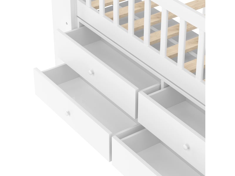 Lit cabane 90x200 cm, 4 tiroirs, éclairage led programmable, échelle intégrée, garde-corps, pin, blanc, sans matelas  - Conforama E