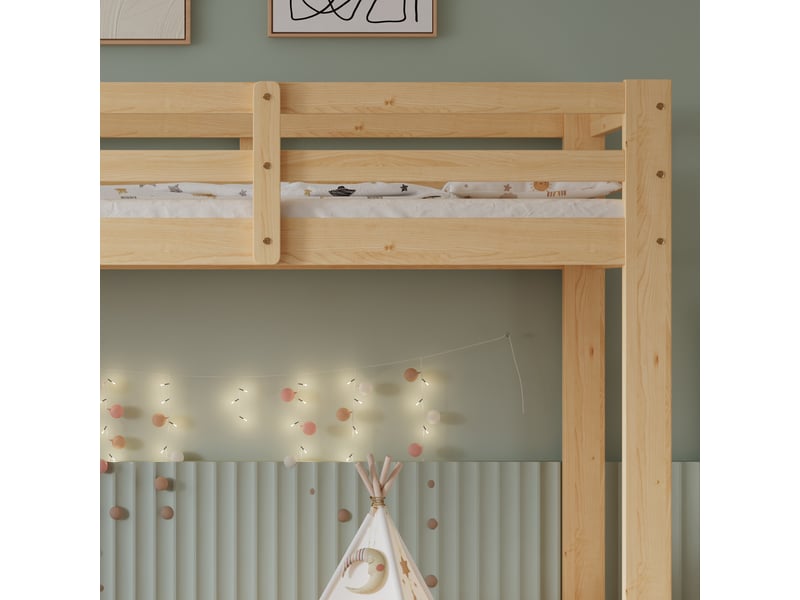 Lit mezzanine enfant 90×200 cm avec escalier, barrières et porte, bois naturel sans matelas - Conforama D