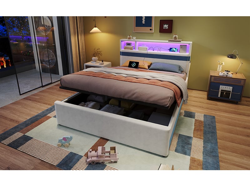  Lit coffre 140 × 200 cm, rangement hydraulique, led, ports usb, étagères et poches latérales, velours blanc et bleu  - Conforama B