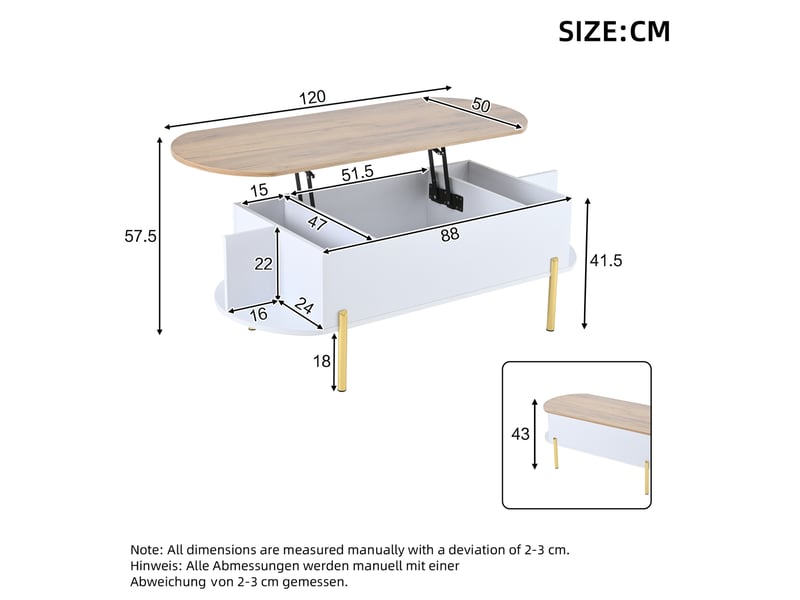  Table basse relevable avec compartiment caché, 7 niches de rangement et 4 pieds métalliques, pour salon, 120 × 50 × 43 cm  - Conforama D
