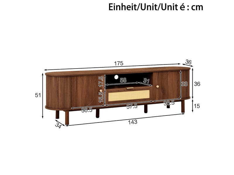  Meuble tv modenvie incurvé 175 x 36 x 51 cm mdf noyer avec rangement  - Conforama C
