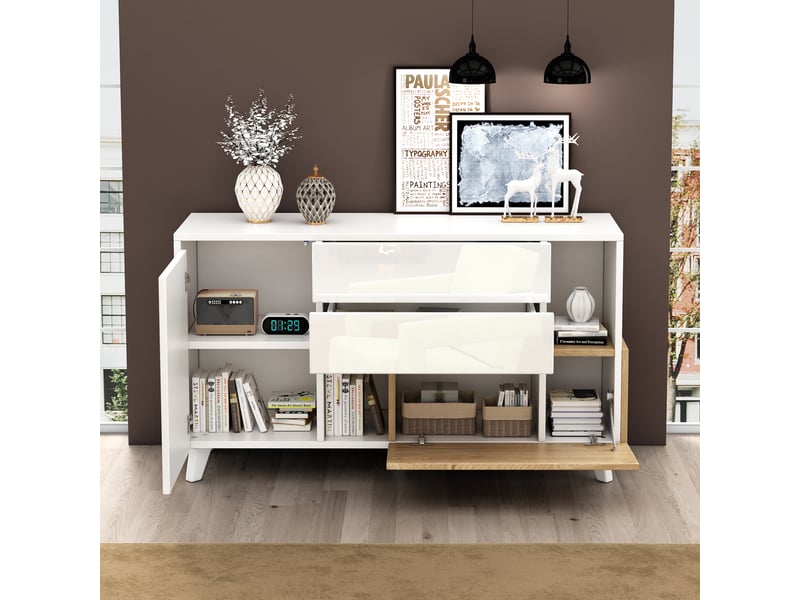  Buffet scandinave blanc brillant et bois, meuble de rangement 2 portes 2 tiroirs avec niches, 130 x 40 x 70 cm  - Conforama D