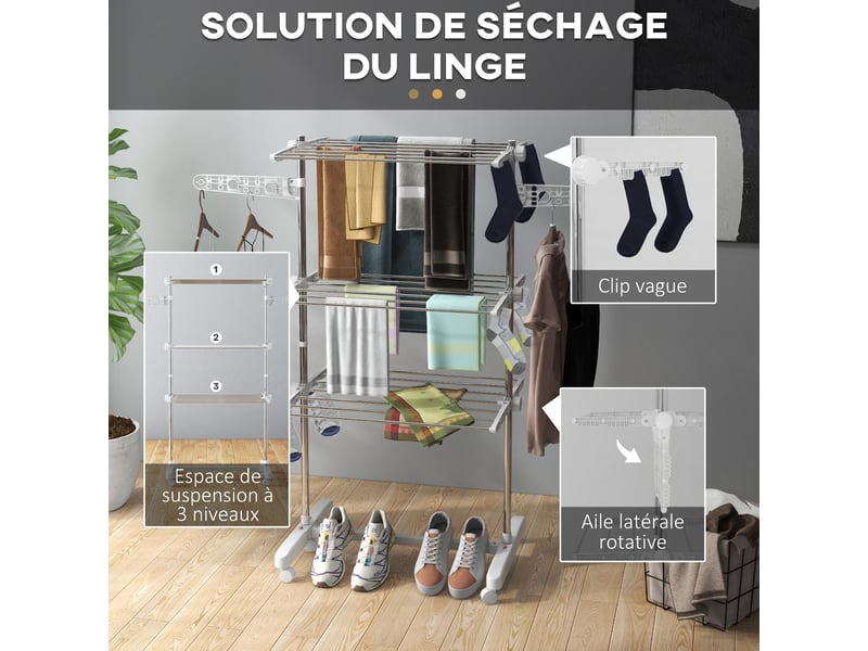 Séchoir à linge pliable 3 niveaux en acier inoxydable blanc 142 x 55 x 152 cm  - Conforama E