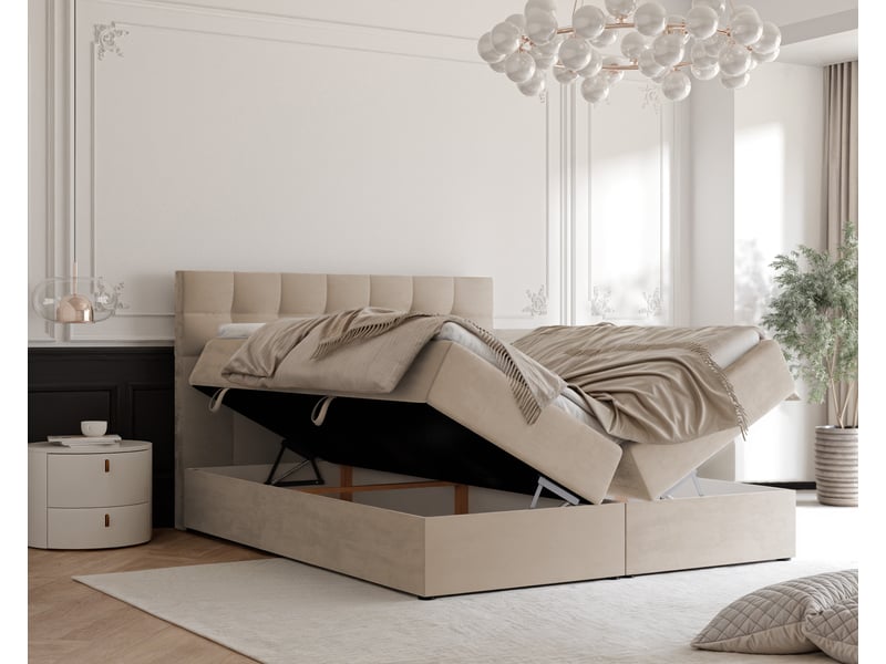  Lit adulte grand - 180x200 cm - matelas ressorts + surmatelas - coffre de rangement - velours dense hydrofuge beige clair GRAND - Conforama C