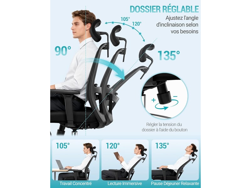  Chaise de bureau ergonomique, avec support lombaire et accoudoir réglable, appui-tête 3d réglable  - Conforama E
