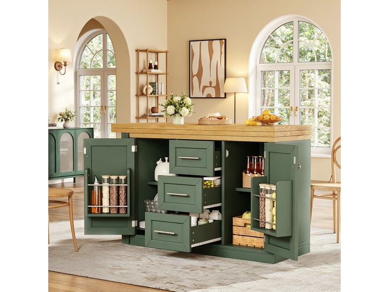  Ilot de cuisine multifonction 120x40x74 cm plateau extensible rotatif 360° mdf vert antique  - Conforama B