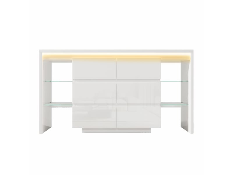  Buffet blanc brillant 155x40x80 cm avec led connectée, 6 tiroirs, étagères en verre, design moderne  - Conforama A