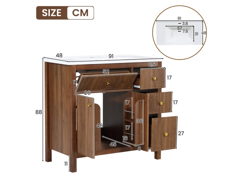  Meuble sous vasque 91x48x88 cm avec vasque céramique, 4 tiroirs, coloris noyer  - Conforama C