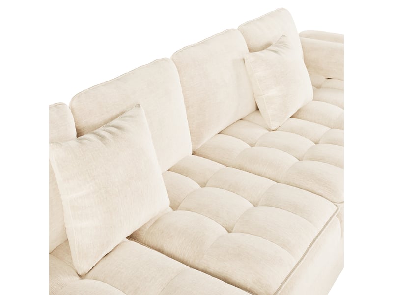 Canapé d'angle en u 4 places, canapé modulable en chenille beige, avec 2 méridiennes et pieds en métal doré pour salon, 262x134x86cm - Conforama E