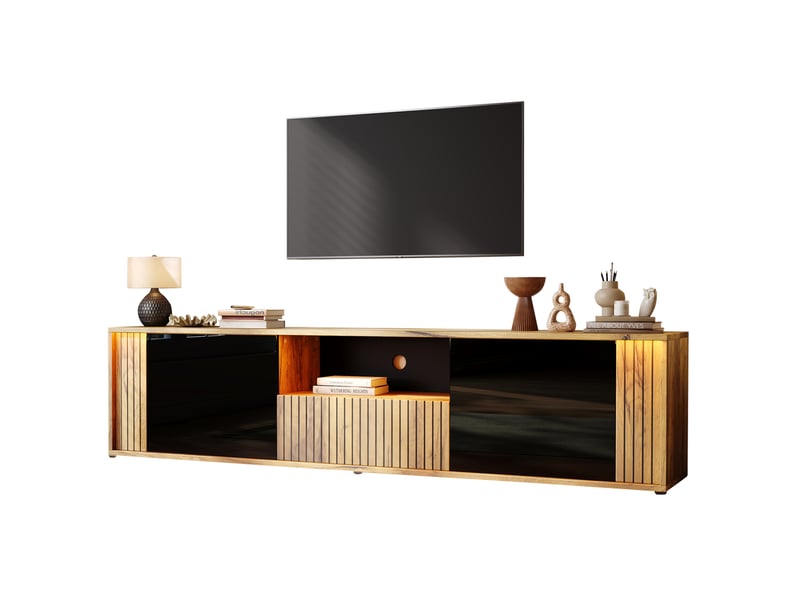  Meuble tv tcqpz 180 x 40 x 51 cm led bluetooth 2 portes 1 tiroir noir et bois naturel  - Conforama A