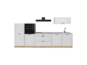 Vicco cuisine, blanc campagnechêne doré, 340cm plan de travail marbre