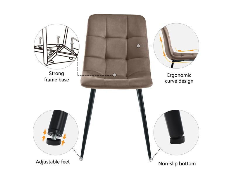  Ensemble repas 117 x 68 cm avec 4 chaises velours marron, table plateau mdf motif marbre blanc et pieds métal noirs  - Conforama R