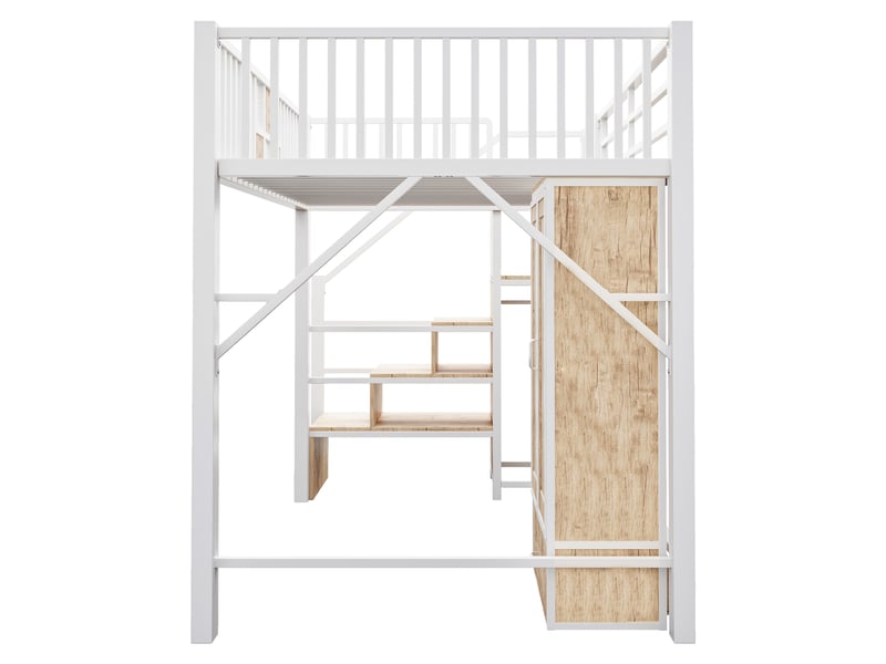 Lit mezzanine avec grande penderie et rangements, métal blanc, 140x200 cm, tiroirs et échelle-rangement - Conforama E