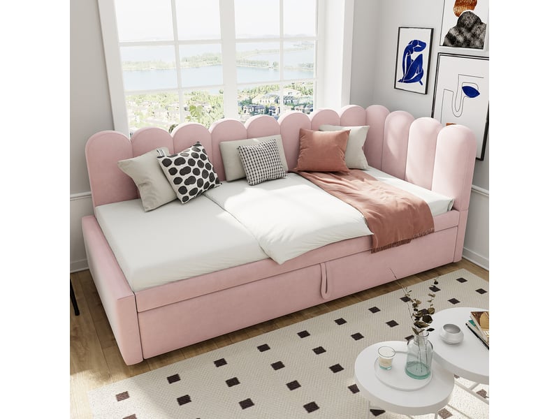  Lit banquette extensible 200×90 cm et 200×180 cm, en velours rose et beige, avec dossier et tête de lit  - Conforama C