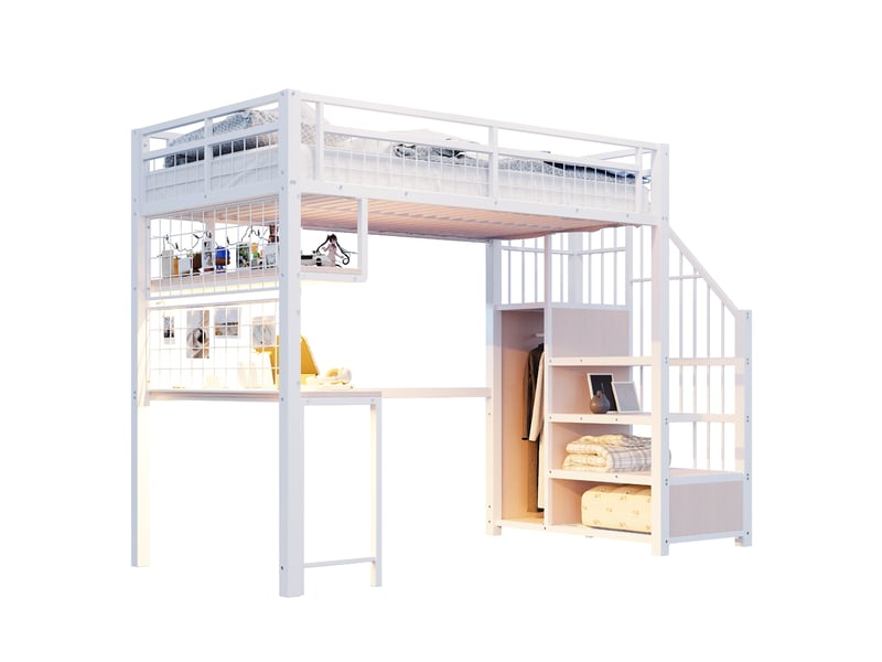 Lit mezzanine 90x200 cm avec bureau, rangements, led et prises coloris blanc - Conforama A