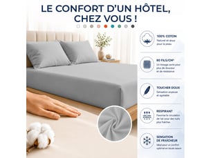 Drap housse 100% percale de coton 80 filscm² - grand bonnet 30 cm – fabrication européenne – doux, résistant – oeko-tex®