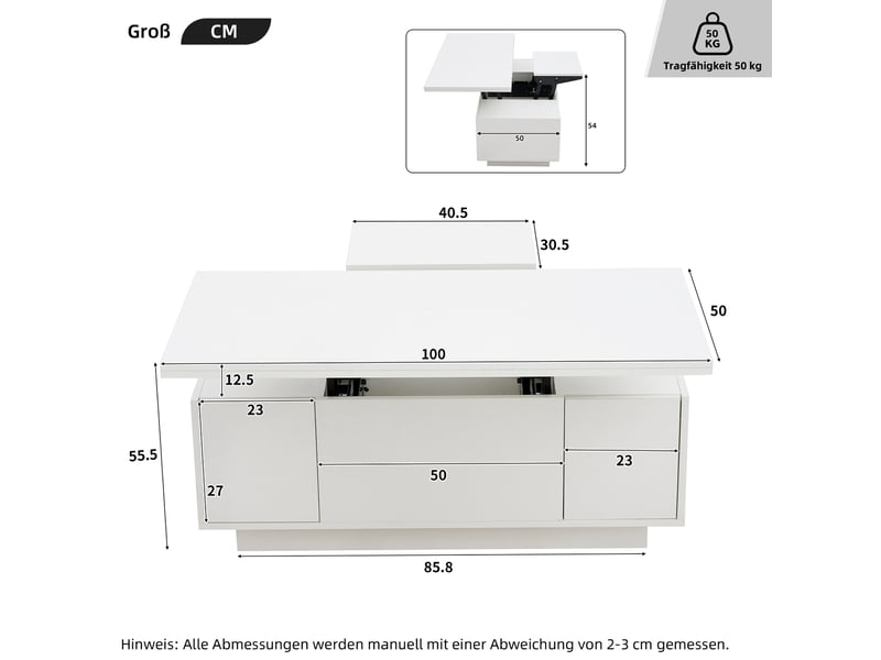  Table basse à double plateau relevable avec rangement, 100x50x43 cm, blanche  - Conforama E