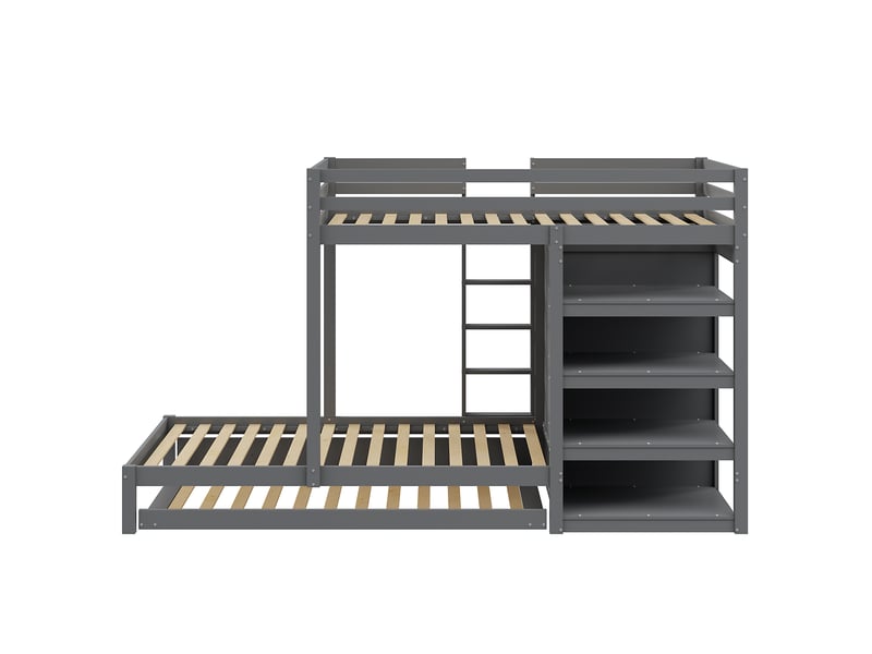  Lit superposé 90x200cm, lit gigogne avec armoire, étagères de rangement et sommiers, lit enfant, gris, sans matelas  - Conforama E