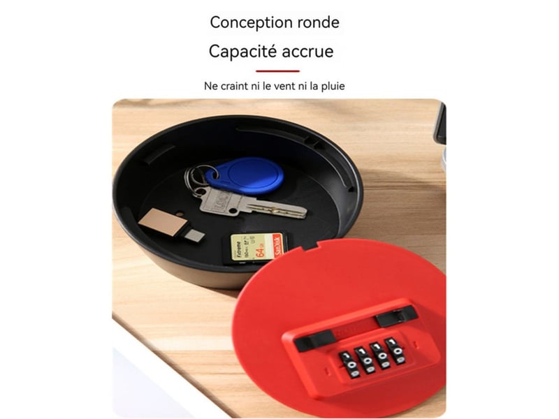 Boite a cles ronde a combinaison mecanique 4 chiffres 120 mm rouge vif et finitions noires 400289_AACLV30592_6_DROPFR - Conforama C