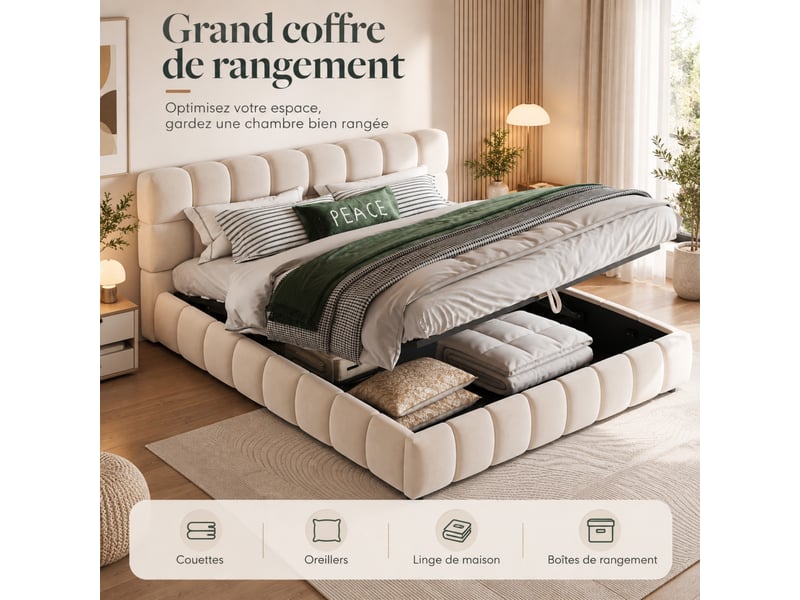  Lit coffre capitonné 140x190 cm beige en velours, rangement hydraulique et tête de lit rembourrée, sans matelas  - Conforama D