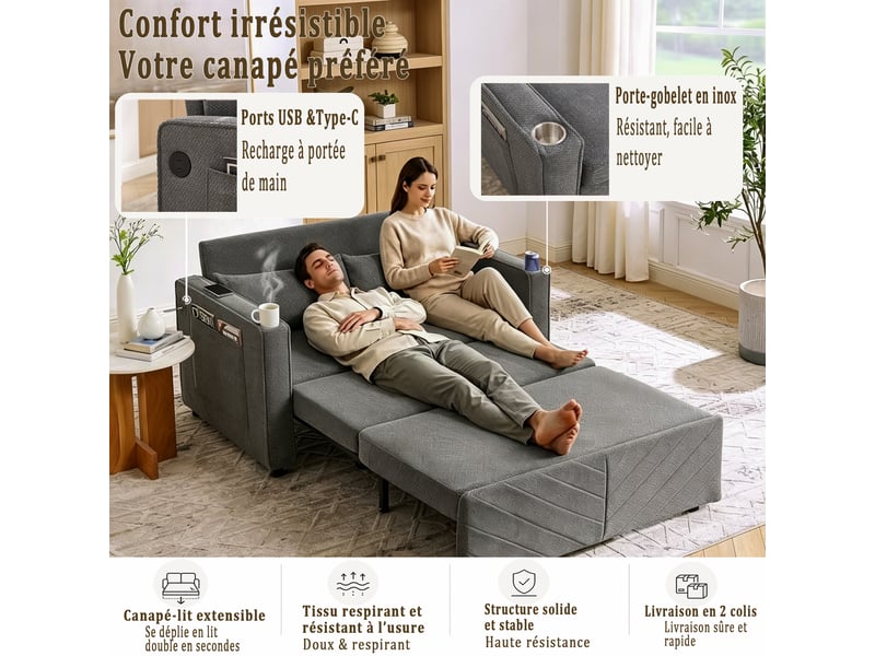  Canapé convertible 2 places 3 en 1 avec ports usb  - fonction méridienne, structure en bois, tissu gris foncé  - Conforama E