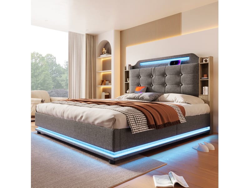  Lit coffre 140x200 cm gris avec bandeau led, usbtype-c et rangement hydraulique  - Conforama E