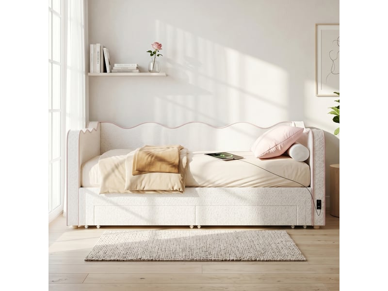  Canapé-lit 90x200 cm, lit enfant, couchage d'appoint, 2 tiroirs, extensible, port usb, tissu bouclé beige  - Conforama C