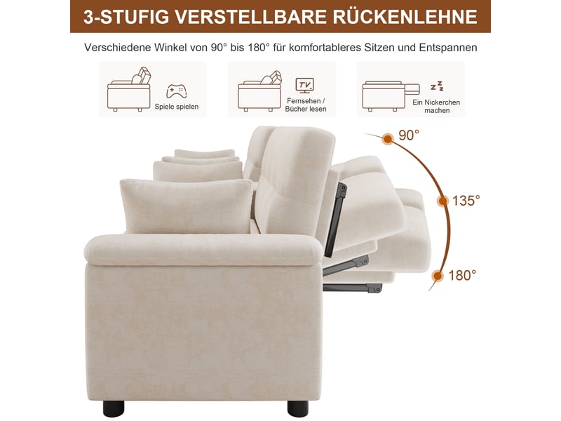  Canapé panoramique beige en chenille, 284 × 138 × 89 cm, avec couchage, pour salon et charge max. 150 kg  - Conforama C