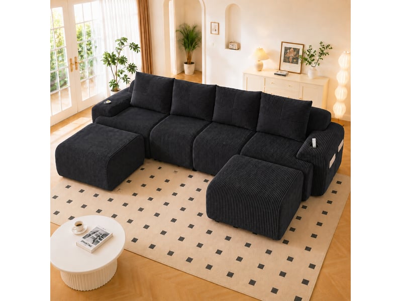 Canapé modulable 4 places 333x174x80 cm avec 2 poufs coloris noir - Conforama B