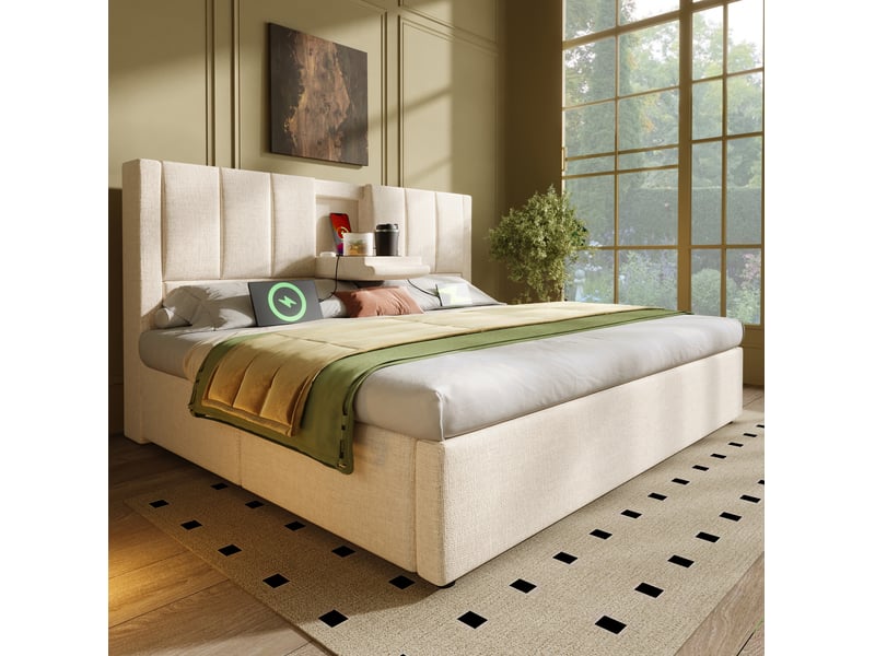  Lit double avec coffre, 140x200 cm, charge, avec porte gobelet dissimulé, sommier inclus, bois et métal, coloris beige  - Conforama D