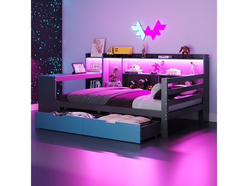  Lit combiné bois canapé-lit 90x200 cm bureau bibliothèque rangements étagères éclairage prises tiroirs multifonction noir+bleu  - Conforama B