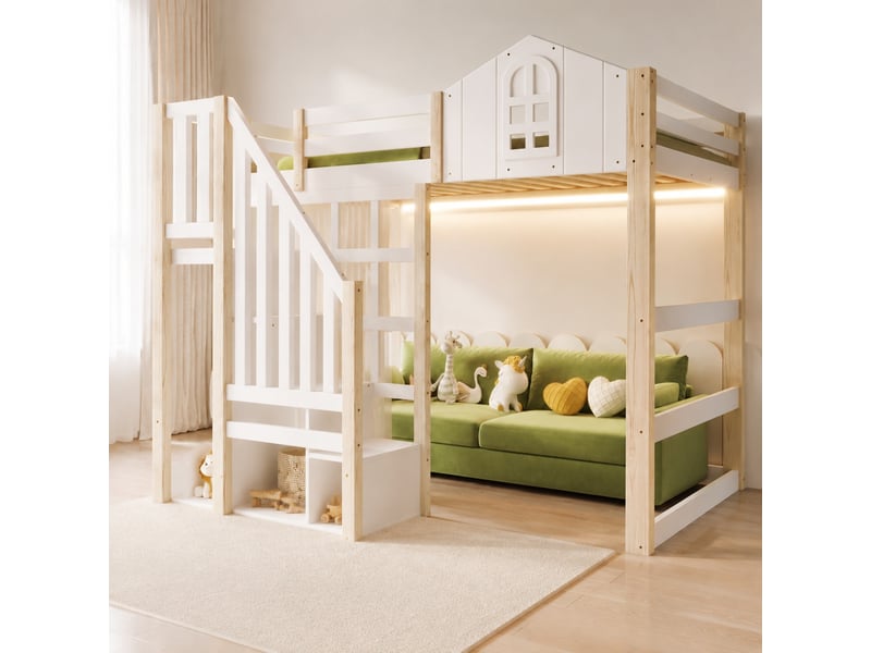  Lit mezzanine enfant 200×140 cm avec escalier de rangement, éclairage led et rideau en voile, sans matelas  - Conforama B