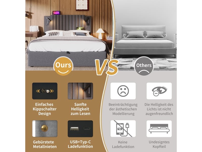  Lit coffre rembourré 180x200 cm, tête de lit réglable cloutée, liseuse, 2 usb-c, rangement hydraulique, tissu coton-lin - gris  - Conforama D