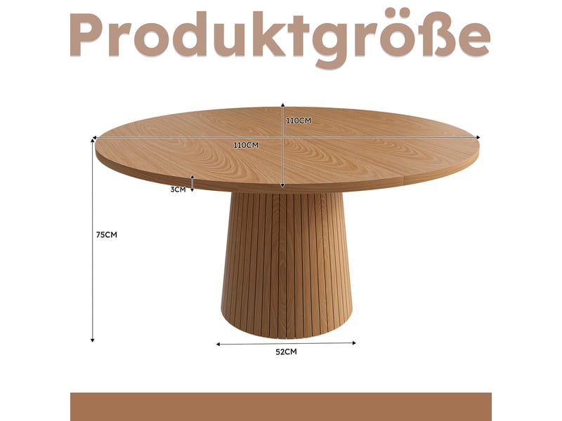  Table de cuisine ronde 110 cm style campagne, plateau mdf plaqué chêne en deux demi-cercles  - Conforama C