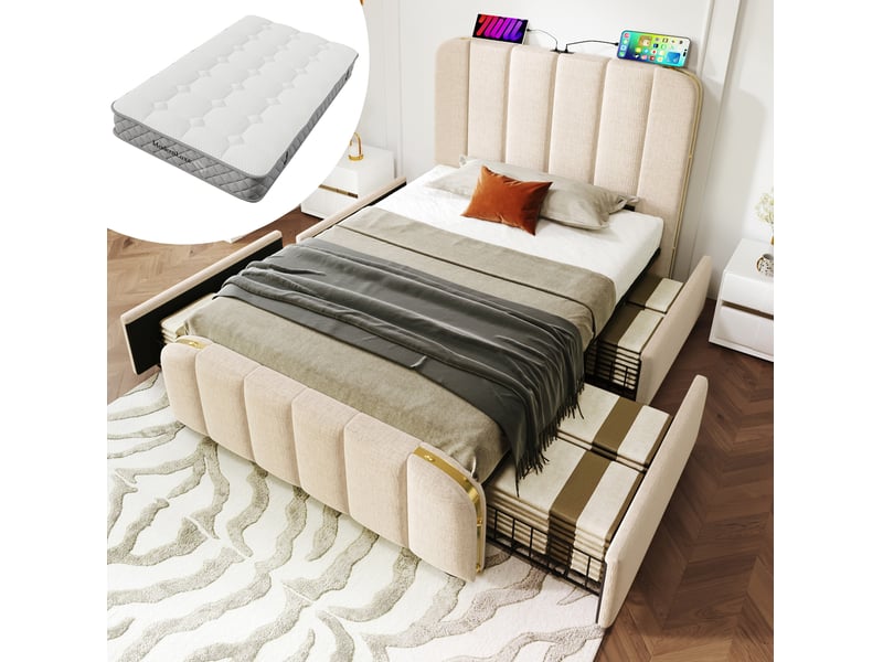  Modenvie lit capitonné 1 place 90x200 cm - avec 4 tiroirs, ports usb et usb-c, matelas inclus - beige  - Conforama B