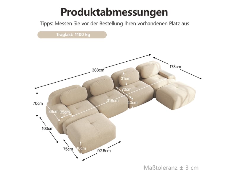 Canapé modulaire en u 4 places en velours côtelé beige - Conforama E