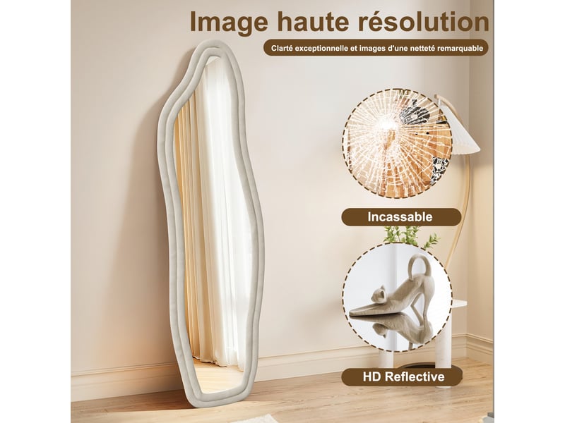  Miroir sur pied – forme organique irrégulière – cadre en velours – miroir en verre trempé haute définition  - Conforama E