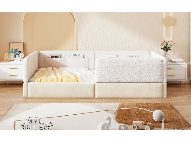  Lit 90x200 cm, lit plateforme rembourré avec barrière de sécurité, rangement intégré, coloris blanc  - Conforama B