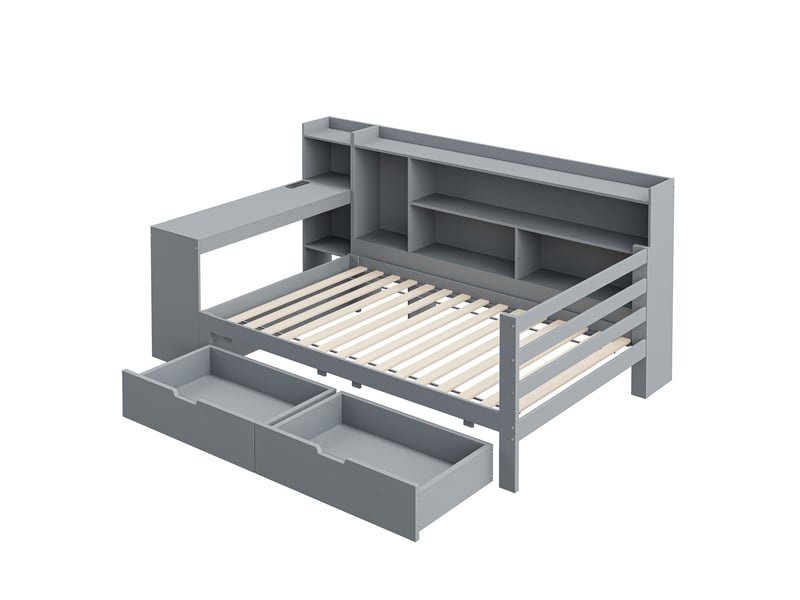  Lit banquette 90x200 cm – gris – bureau, rangements, 2 tiroirs, charge usb, étagères - sans matelas  - Conforama D