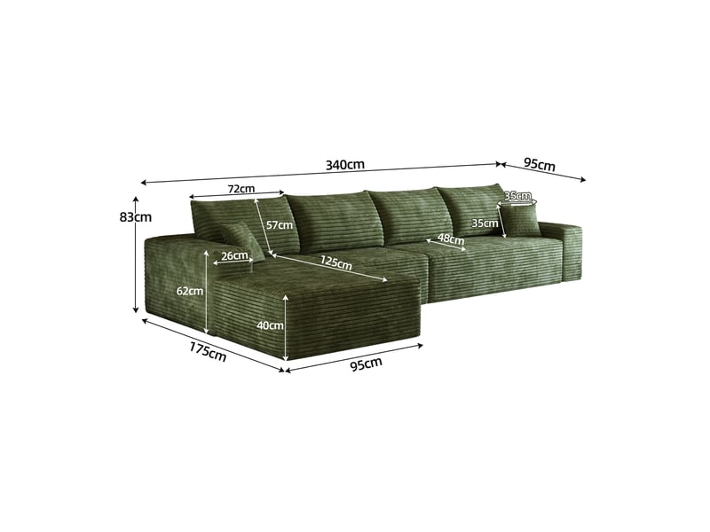  Canapé d'angle modulaire 4 places en velours côtelé vert, avec chaise longue, sans montage, confort moelleux  - Conforama C