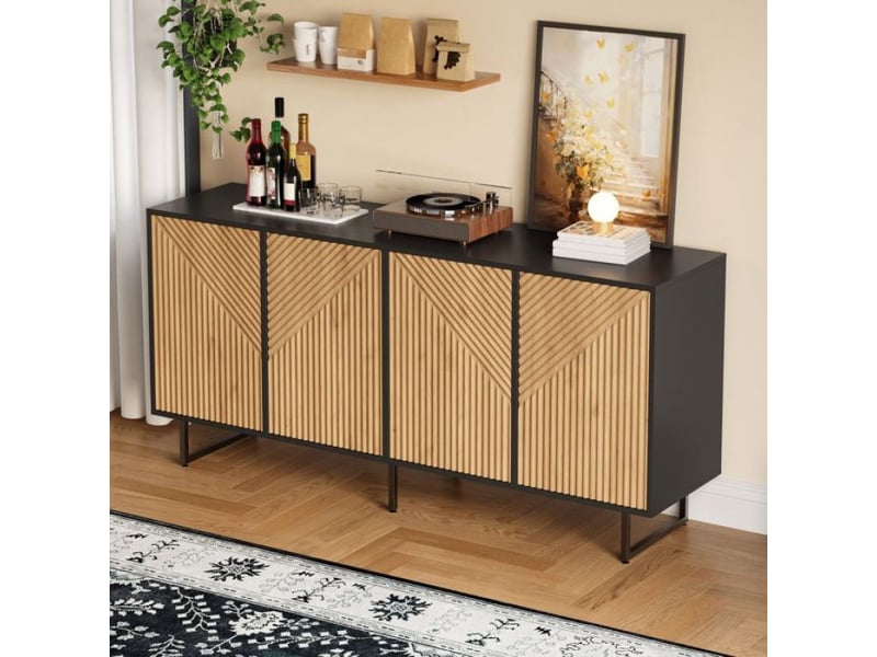  Buffet moderne, de salon, 160x40x75 cm, 4 portes, moulé sous vide, finition noire imitant le grain du bois naturel, pieds de soutien en fer  - Conforama B