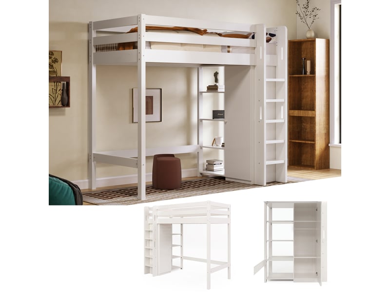  Lit mezzanine 90x200cm avec armoire, bois massif + panneaux de particules, blanc  - Conforama R