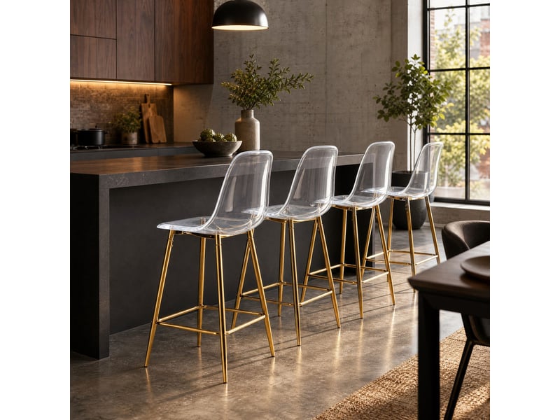  Tabouret de bar transparent avec repose-pieds et base métallique, design moderne en plastique doré  - Conforama D
