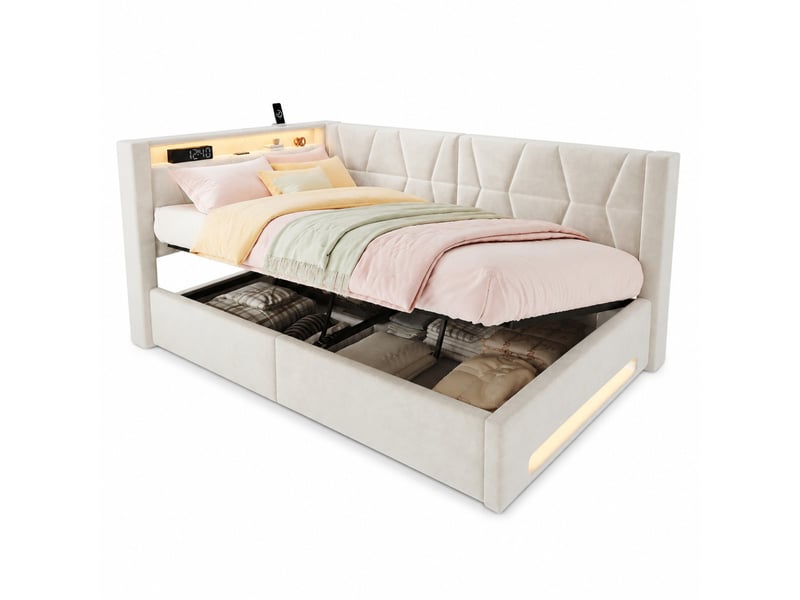  Lit coffre 90x200 cm, métal et velours, led, ports usb et type-c, sommier à lattes, finition beige, matelas non fourni  - Conforama A