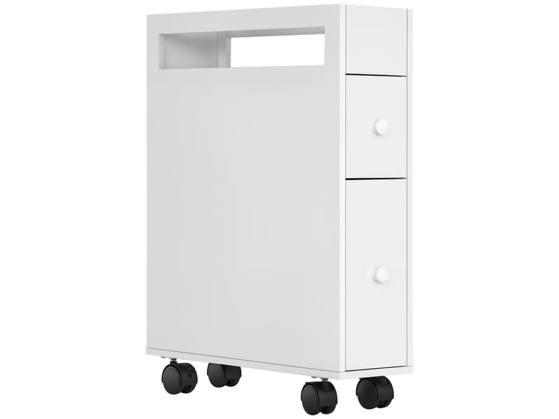  Meuble de salle de bain étroit, deux tiroirs, quatre roulettes, blanc, 16 x 49,5 x 66 cm  - Conforama A
