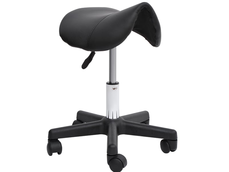  Tabouret pivotant 35x38x43-55 cm réglable en hauteur, roulettes, assise ergonomique en forme de selle, similicuir noir  - Conforama A