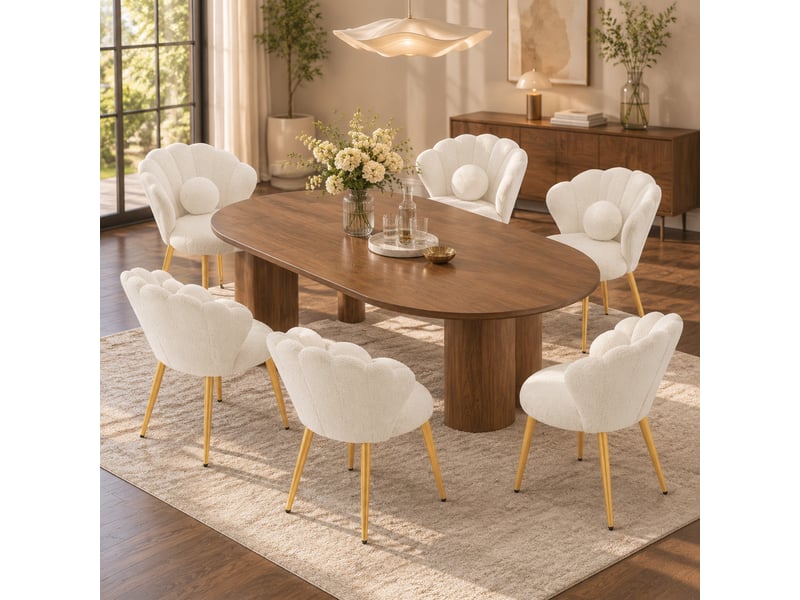  Lot de 6 chaises de salle à manger dossier coquillage en tissu teddy blanc, pieds dorés  - Conforama D