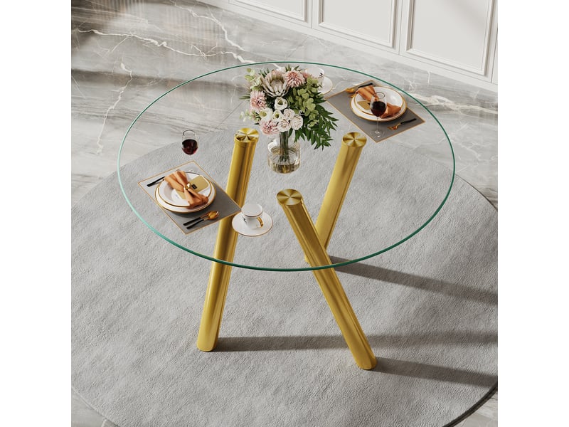  Table à manger ronde en verre trempé avec piètement stable - lpospi - style contemporain, métal doré  - Conforama C