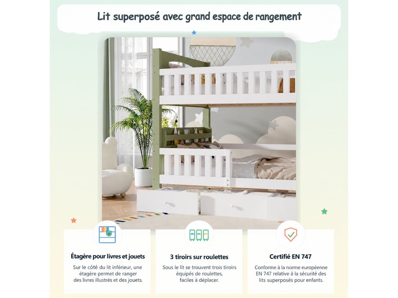  Lits superposés enfant 90x200 cm, espace de rangement, étagère et 3 tiroirs, garde-corps, sommiers, blanc et vert  - Conforama B